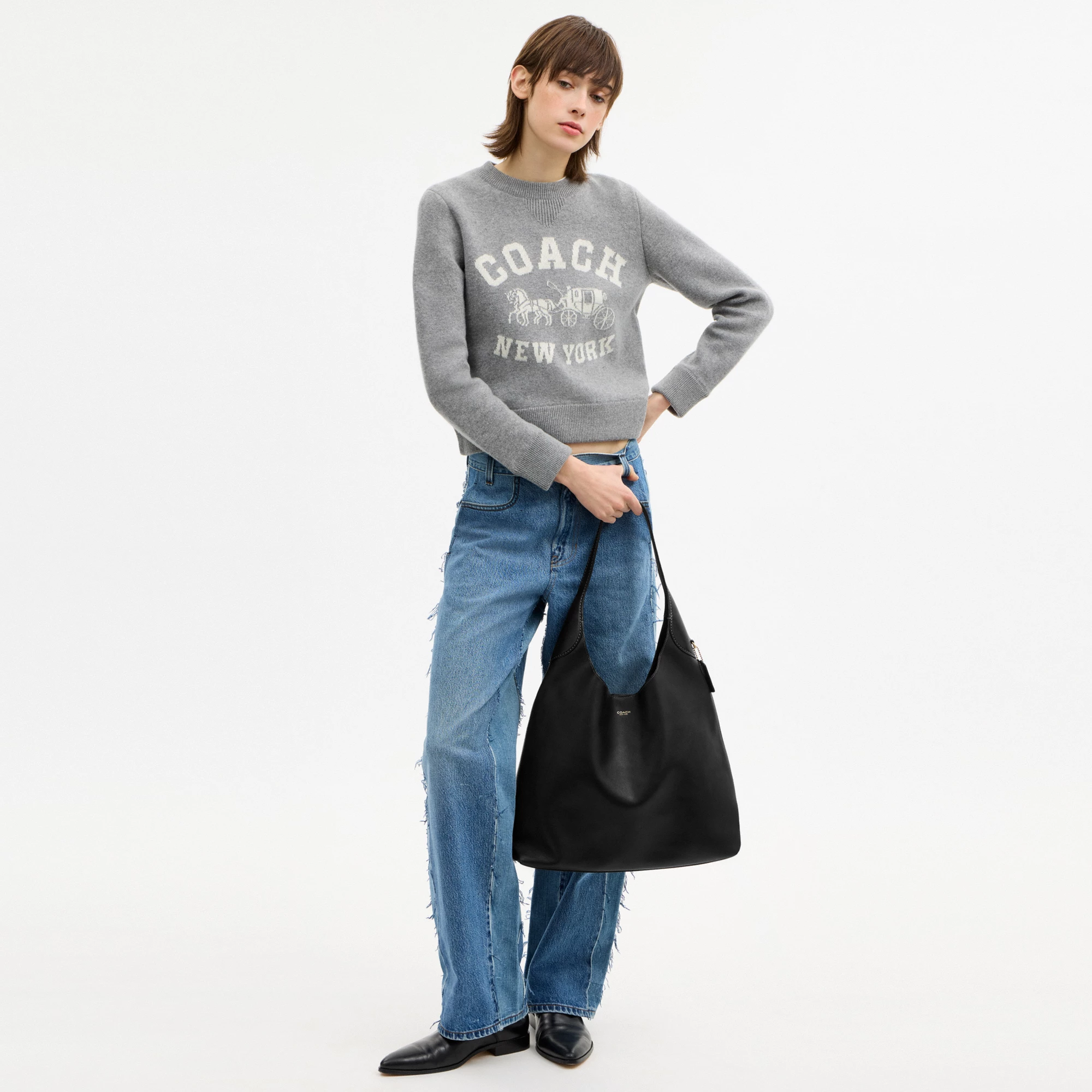 COACH®,Brooklyn Shoulder Bag 39,Hobo,Logo,Word Embellishment,Embossed,Casual,Black,Detail View