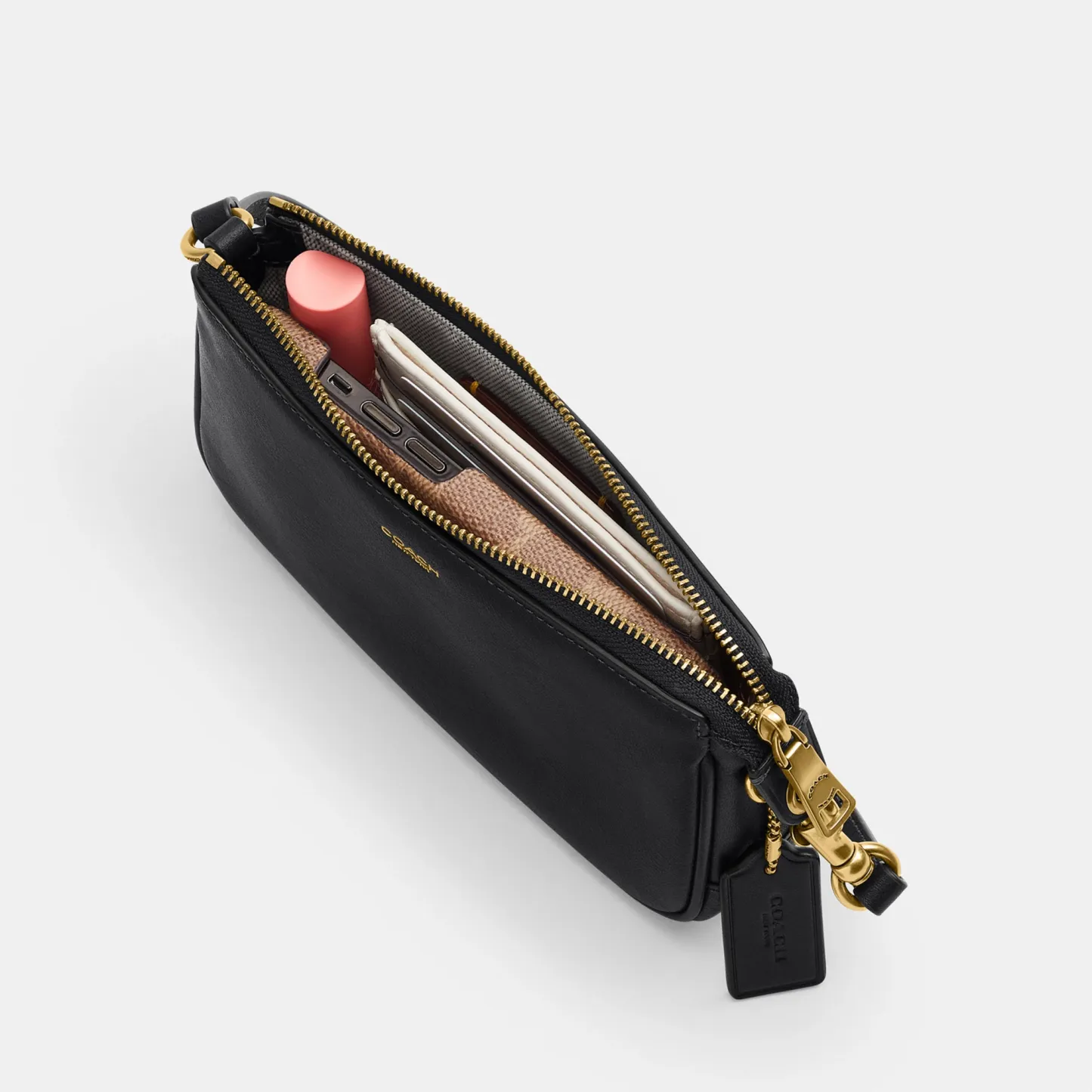 COACH®,Plaza Bag 18,Leather,Shoulder Bag,Compact,Lined,Adjustable,Brass,Gold Metal,Day Party,Black,Inside View,Top View