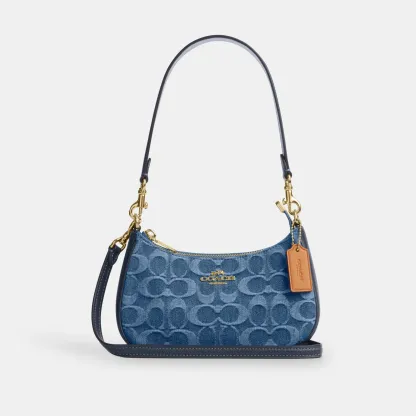 COACH®,Teri Mini Crossbody Bag In Signature Denim,Cotton,Denim,Leather,Shoulder Bag,Metal,Logo,Casual,Navy,Front View