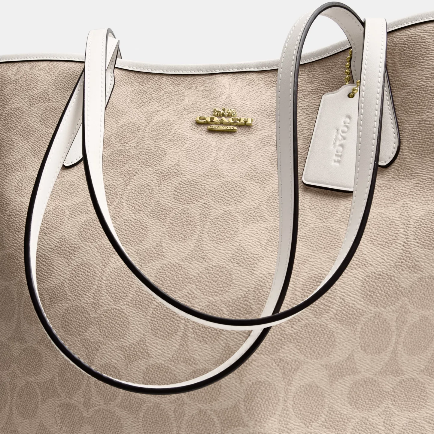 COACH®,City Tote Bag In Signature Canvas,Tote,Metal,Tag Embellishment,Color Block,Embossed,Piping,Logo,Casual,Beige,Closer View