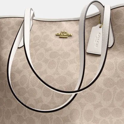 COACH®,City Tote Bag In Signature Canvas,Tote,Metal,Tag Embellishment,Color Block,Embossed,Piping,Logo,Casual,Beige,Closer View