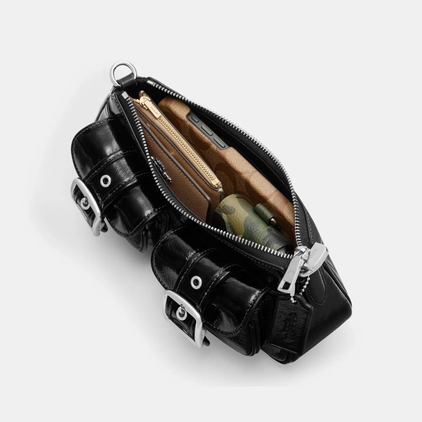 COACH®,Ashton Bag,Leather,Fabric,Shoulder Bag,Luggage Tag,Compact,Lined,Silver Metal,Day Party,Black,Inside View,Top View
