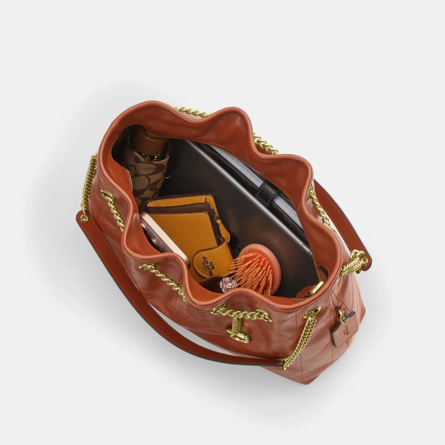 COACH®,Evelyn Shoulder Bag With Quilting And Charm,Recycled Polyester,Leather,Shoulder Bag,Quilted,Sustainable,Gold Metal,...,Brown,Inside View,Top View