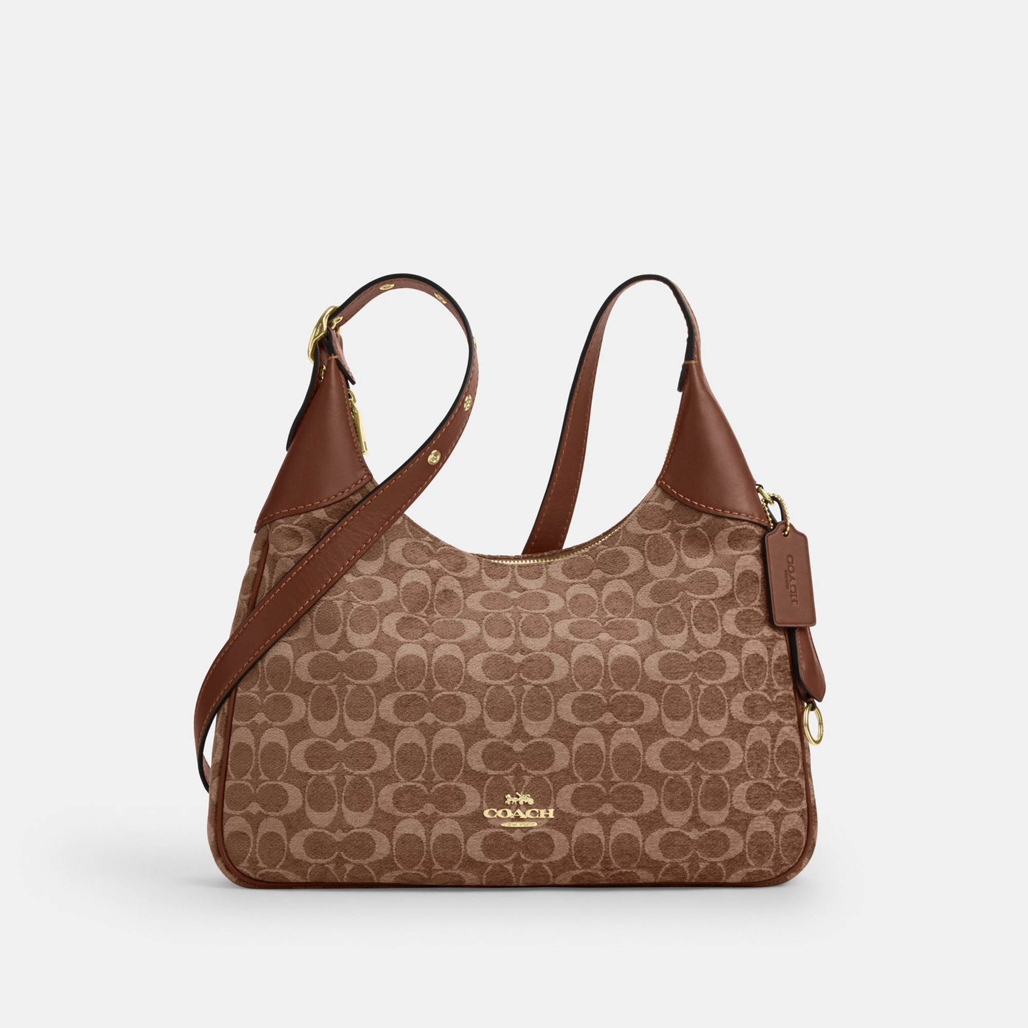 COACH®,Ella Shoulder Bag In Signature Chenille,Mixed Media,Leather,Crossbody,Word Embellishment,Logo,Metal,Lined,Adjustabl...,Brown,Front View