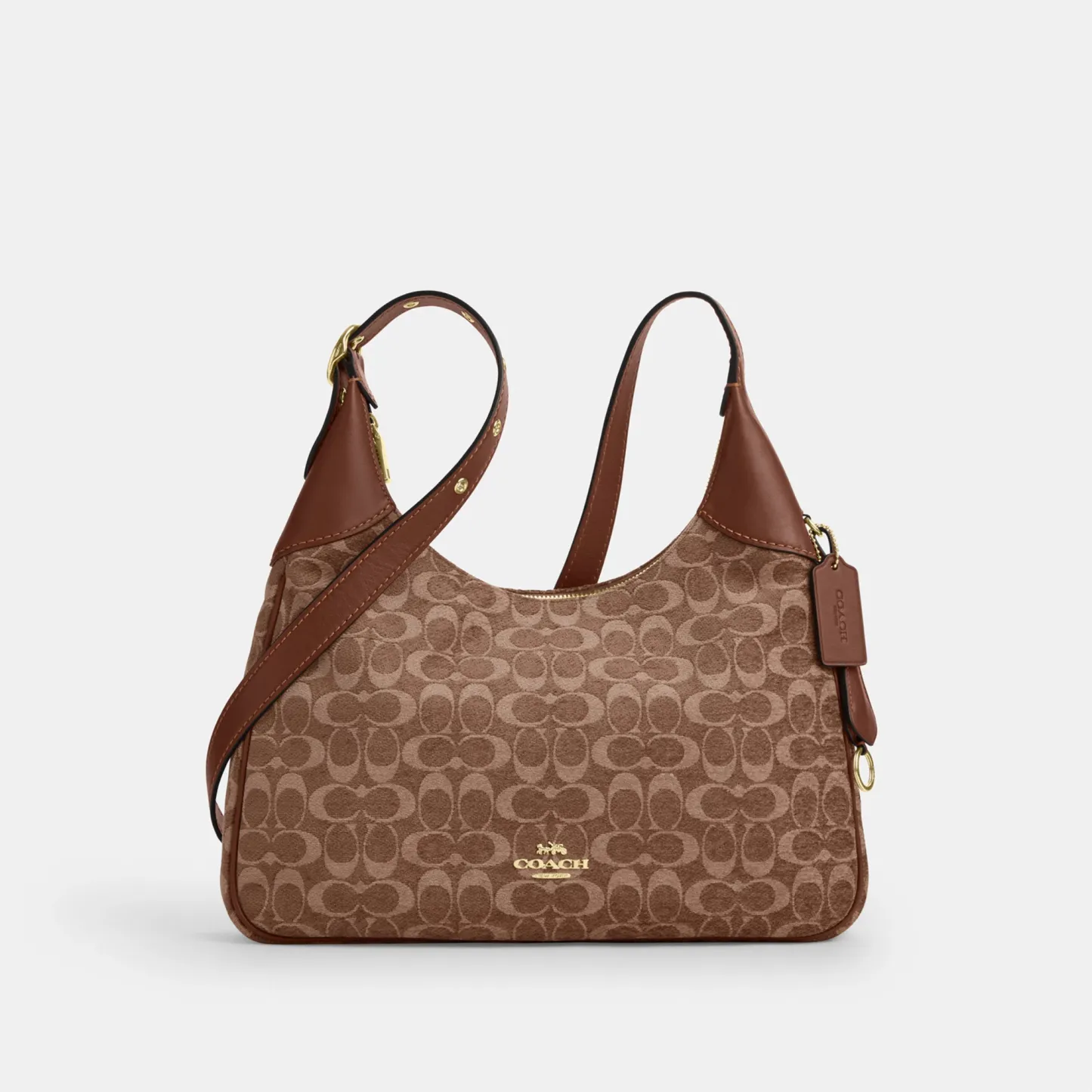 COACH®,Ella Shoulder Bag In Signature Chenille,Mixed Media,Leather,Crossbody,Word Embellishment,Logo,Metal,Lined,Adjustabl...,Brown,Front View