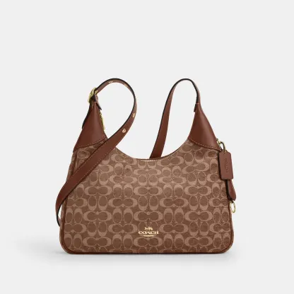 COACH®,Ella Shoulder Bag In Signature Chenille,Mixed Media,Leather,Crossbody,Word Embellishment,Logo,Metal,Lined,Adjustabl...,Brown,Front View