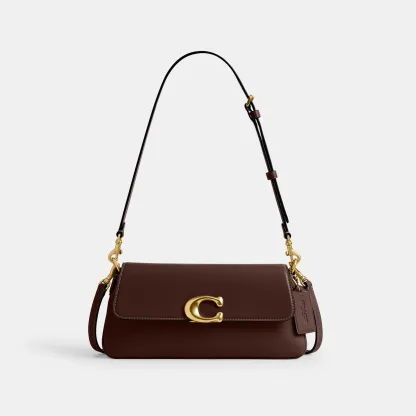COACH®,Jet Shoulder Bag,Calfskin Leather,Shoulder Bag,Logo,Metal,Gold Metal,Casual,Brown,Front View