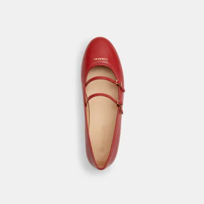 COACH®,Double Buckle Mary Jane,Leather,Rubber,Flats,Cushioned,Traction,Casual,Red,Inside View,Top View