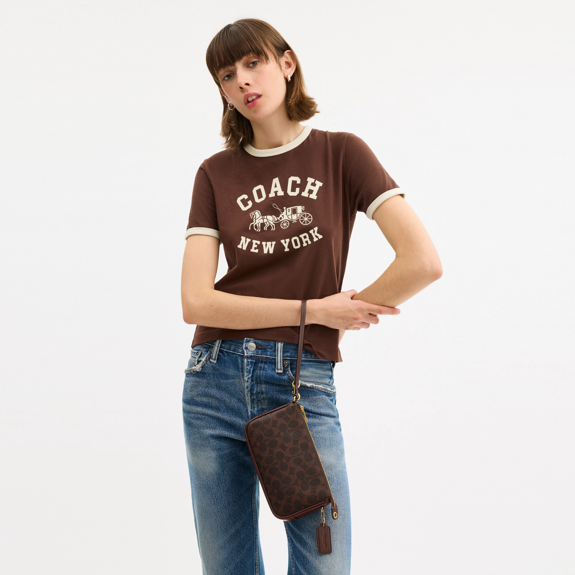 COACH®,Plaza Bag In Signature Canvas,Canvas,Wristlet,Shoulder Bag,Color Block,Pendant,Logo,Lined,Luggage Tag,Compact,Gold ...,Brown,Detail View