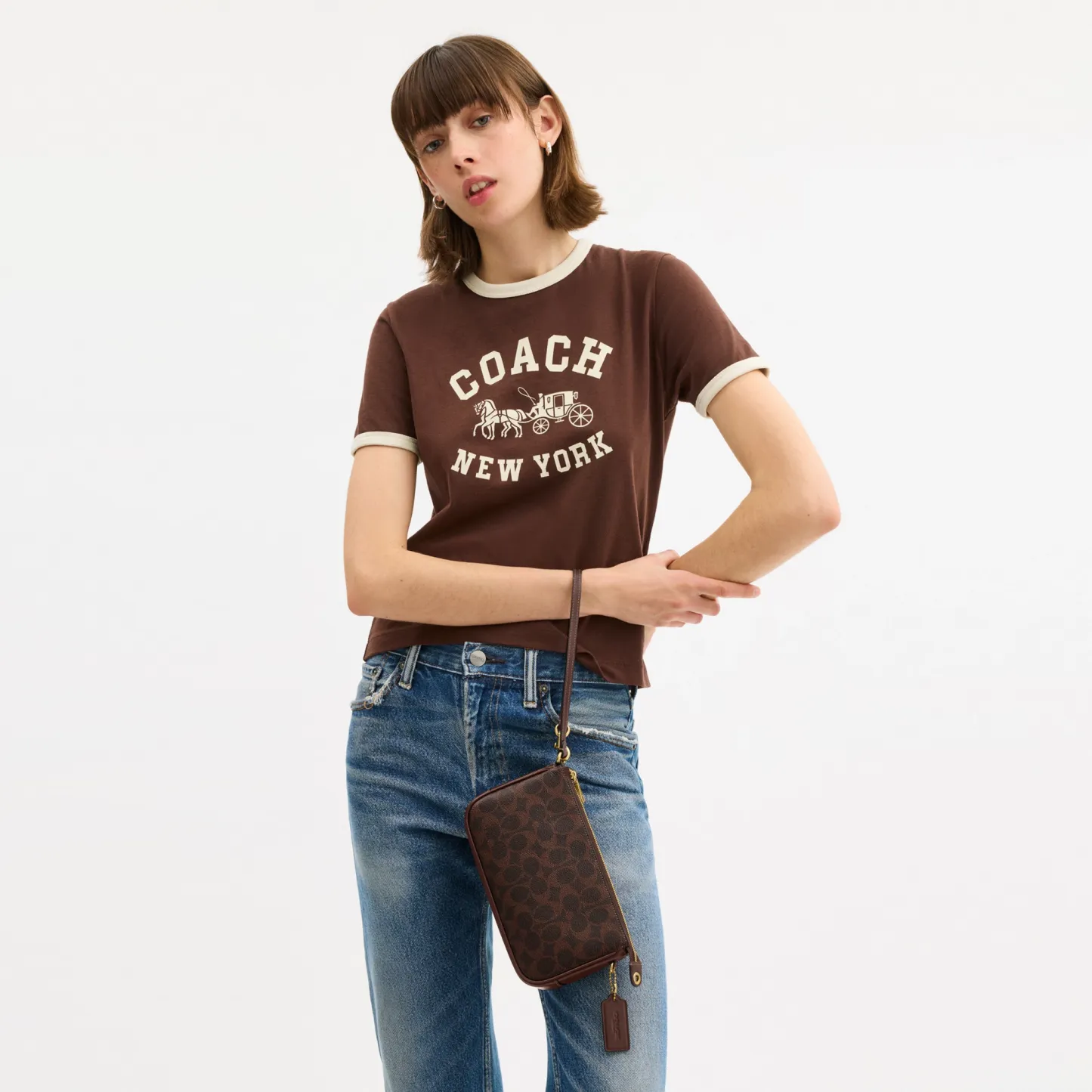 COACH®,Plaza Bag In Signature Canvas,Canvas,Wristlet,Shoulder Bag,Color Block,Pendant,Logo,Lined,Luggage Tag,Compact,Gold ...,Brown,Detail View
