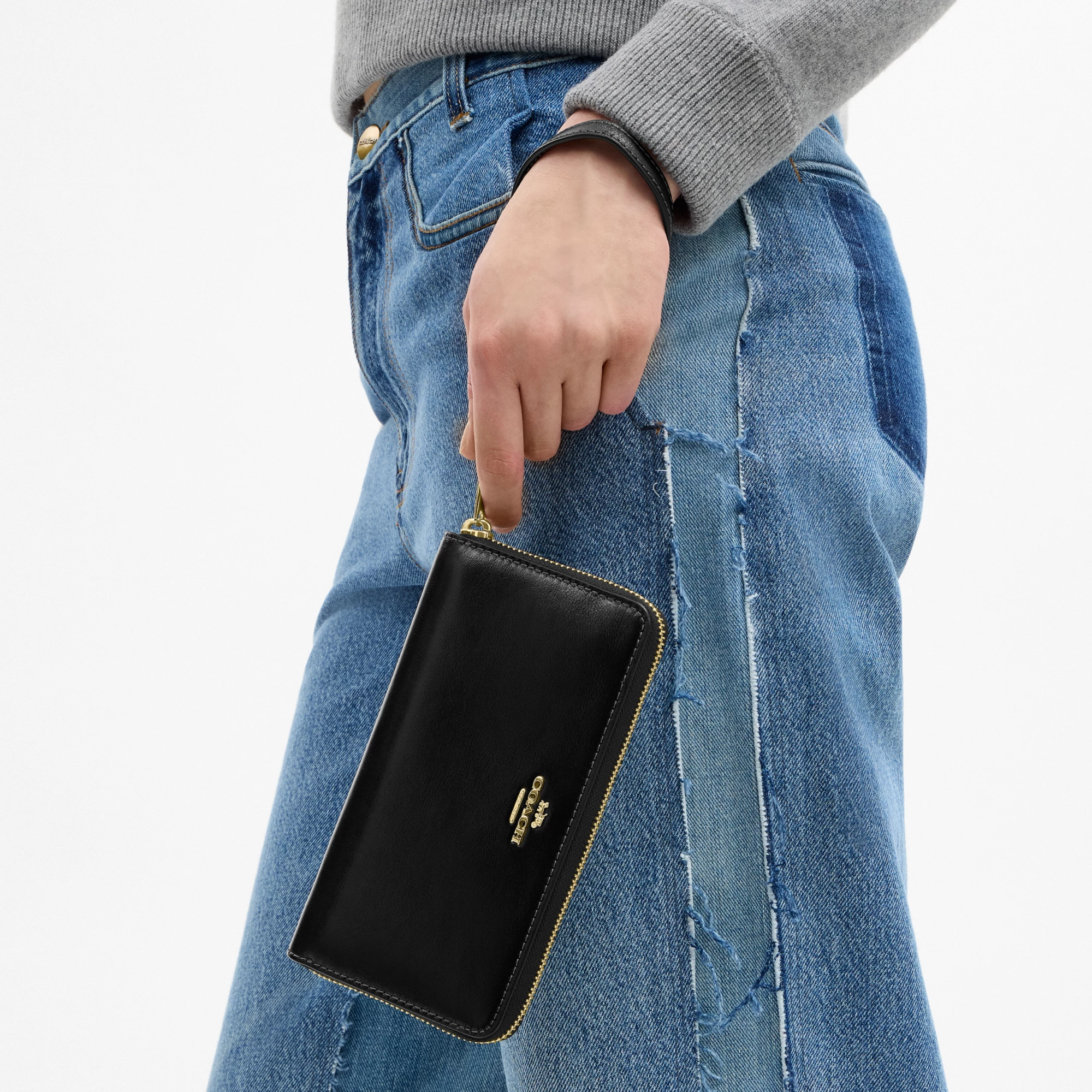 COACH®,Long Zip Around Wallet,Leather,Wristlet,Continental,Logo,Metal,Casual,Black,Detail View