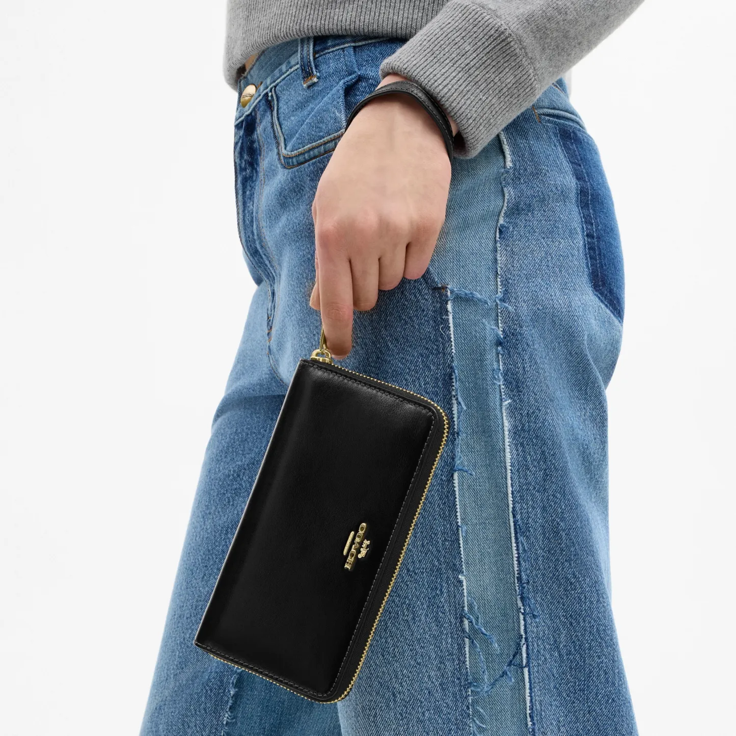 COACH®,Long Zip Around Wallet,Leather,Wristlet,Continental,Logo,Metal,Casual,Black,Detail View