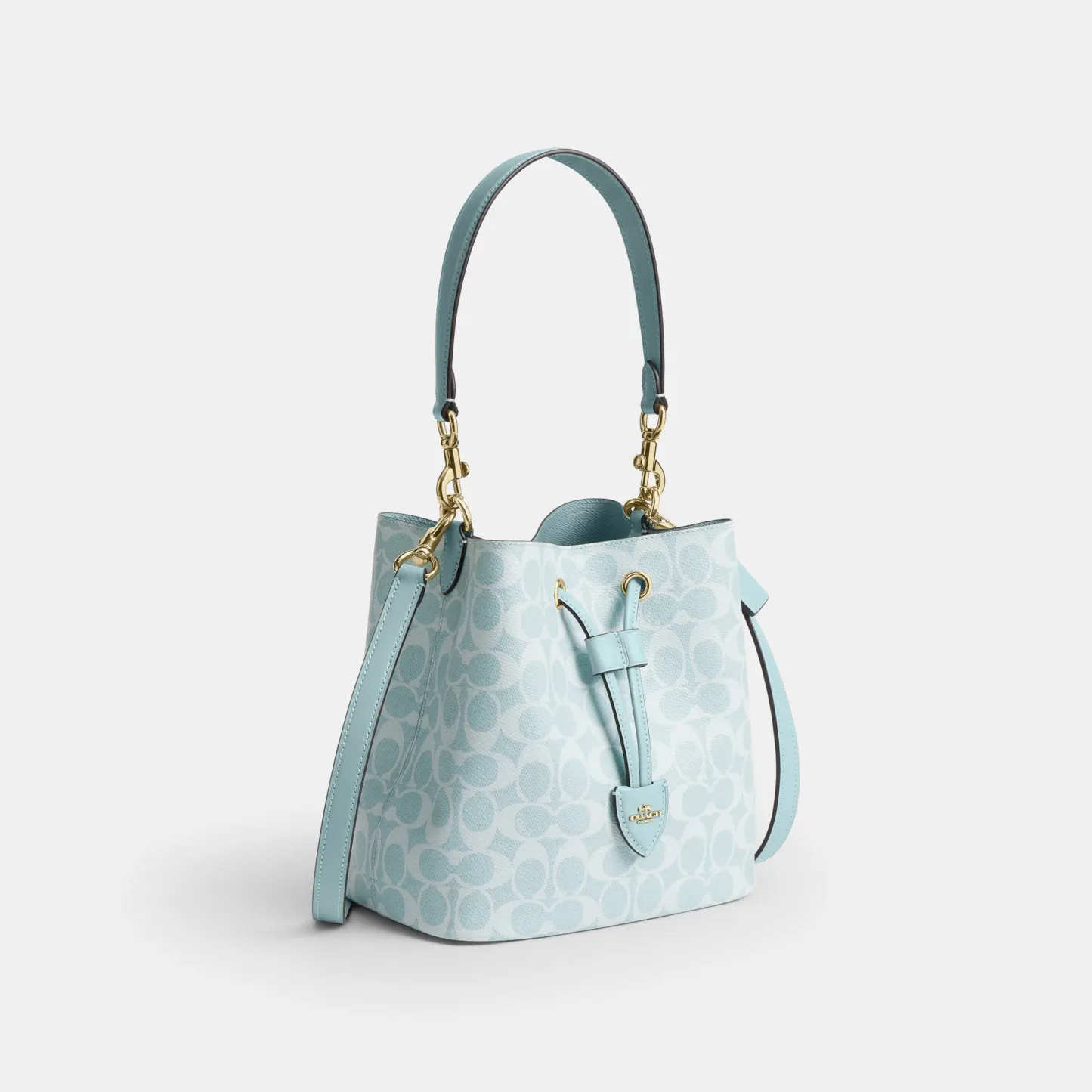 COACH®,Rowan Bucket Bag In Signature Canvas,Polyester,Leather,Recycled Polyester,Canvas,Bucket,Logo,Drawstring,Metal,Adjus...,Blue,Angle View