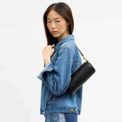 COACH®,Barrel Bag,Cotton,Leather,Barrel Bag,Pendant,Sustainable,Lined,Gold Metal,Day Party,Black,Detail View