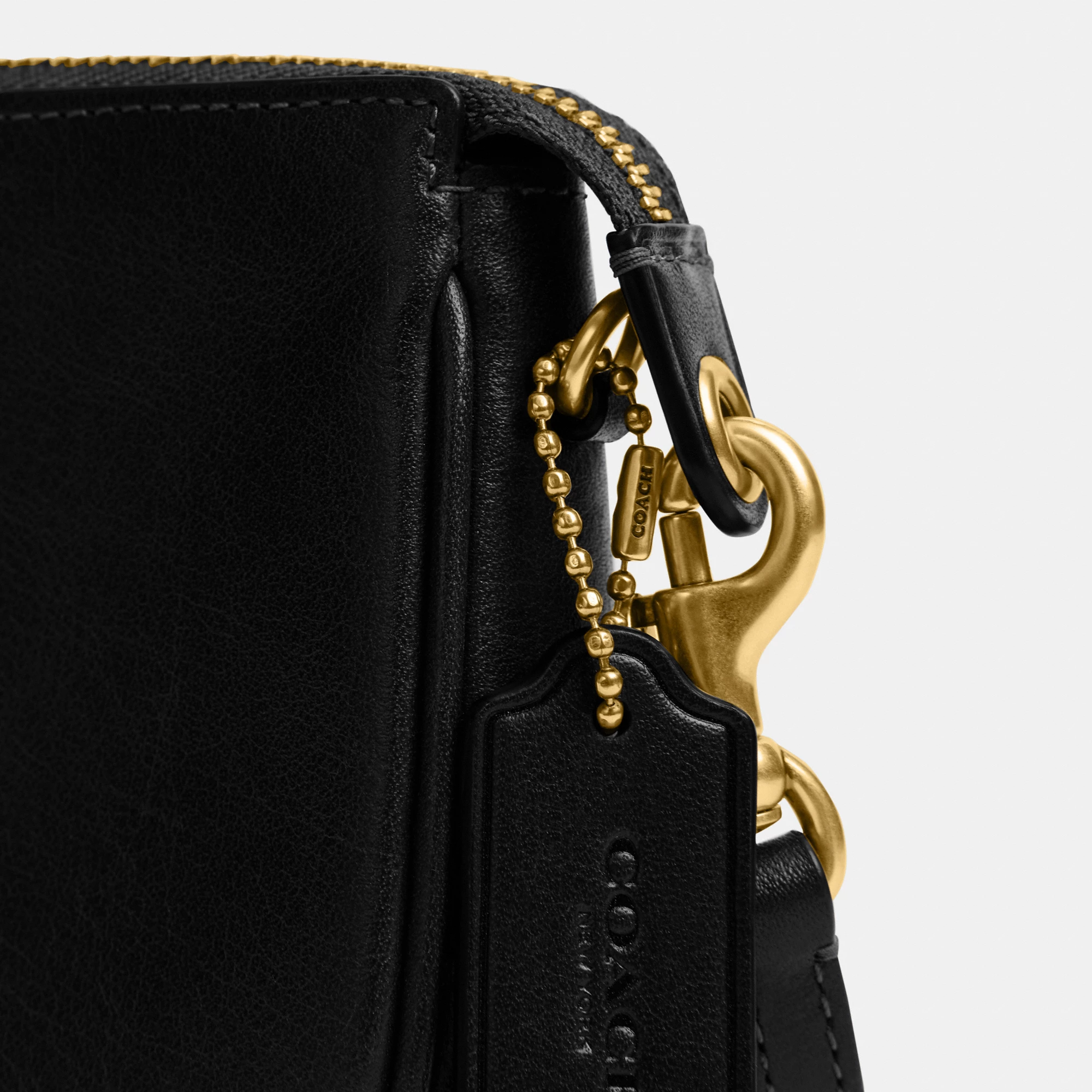COACH®,Plaza Bag 18,Leather,Shoulder Bag,Compact,Lined,Adjustable,Brass,Gold Metal,Day Party,Black,Closer View