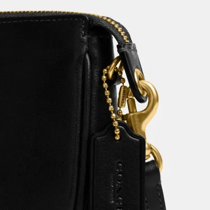 COACH®,Plaza Bag 18,Leather,Shoulder Bag,Compact,Lined,Adjustable,Brass,Gold Metal,Day Party,Black,Closer View