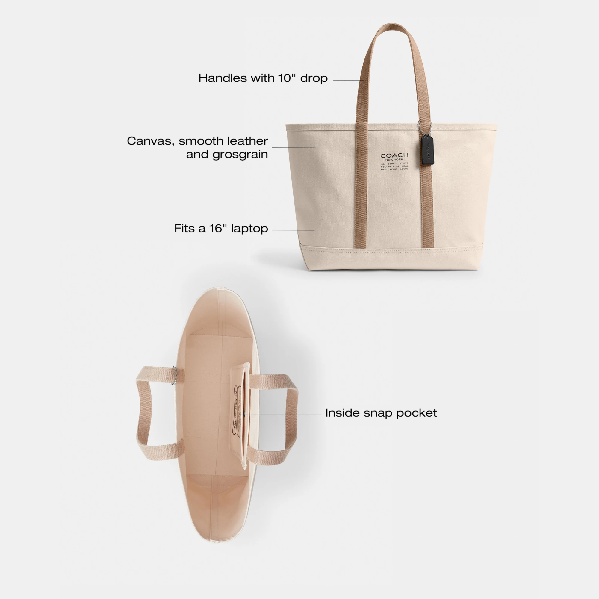 COACH®,Utility Tote,Canvas,Leather,Tote,Word Embellishment,Logo,Sustainable,Casual,Cream