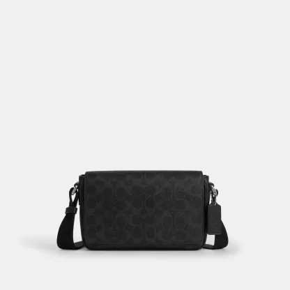 COACH®,Jack Small Flap Crossbody Bag In Signature Canvas,Recycled Polyester,Canvas,Leather,Crossbody,Logo,Adjustable,Lined...,Black,Front View