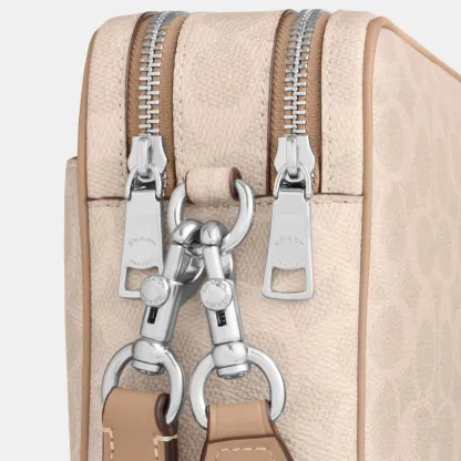 COACH®,Carey Crossbody Bag In Signature Canvas,Leather,Canvas,Recycled Polyester,Camera Bag,Metal,Logo,Sustainable,Gold Pl...,Multi Color,Closer View