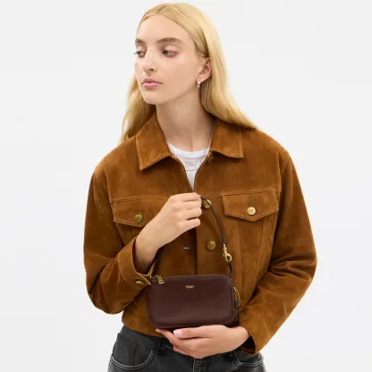 COACH®,Plaza Bag 18,Leather,Shoulder Bag,Compact,Lined,Adjustable,Brass,Gold Metal,Day Party,Brown,Detail View
