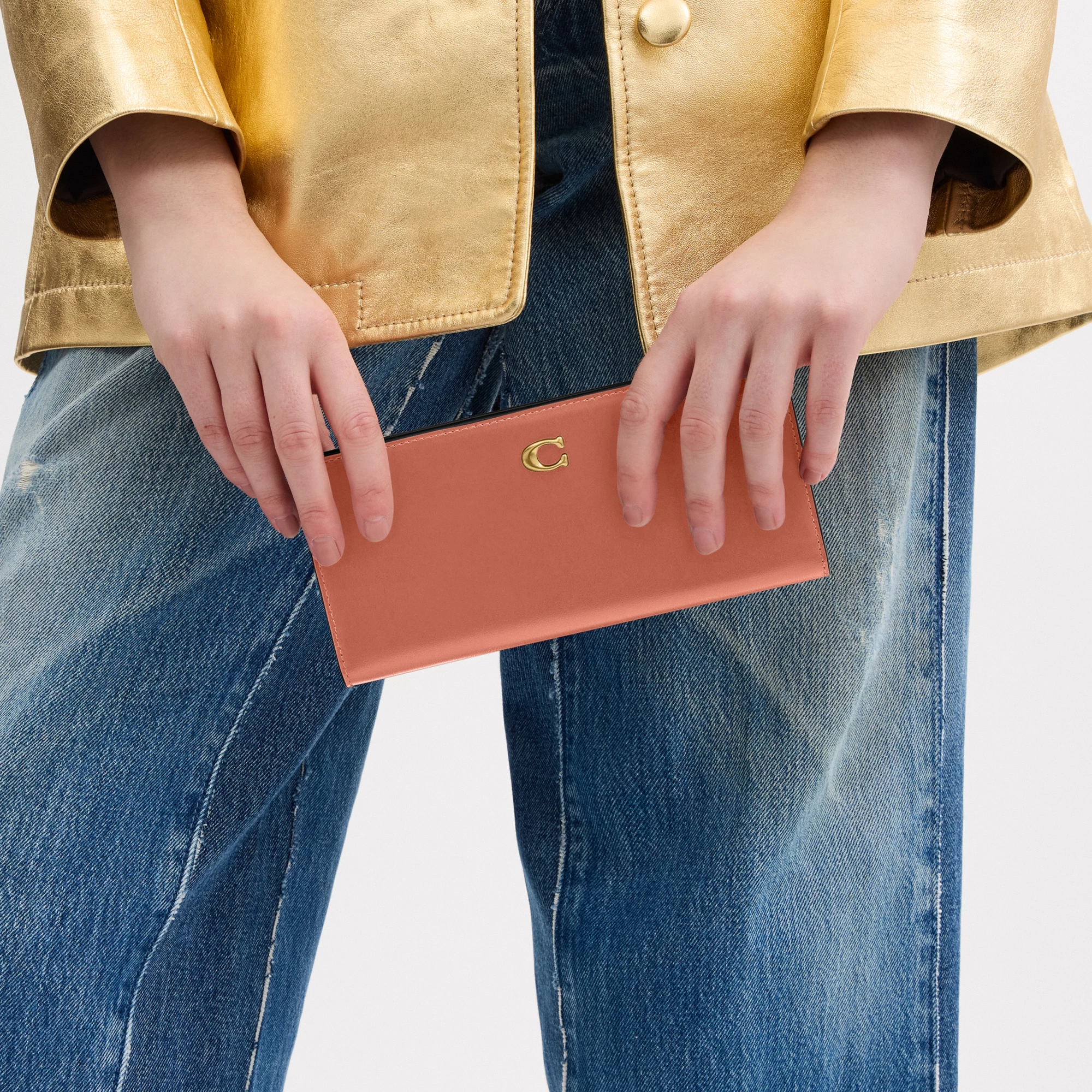 COACH®,Essential Slim Wallet,Leather,Continental,Bi Fold,Logo,Metal,Casual,Brown,Detail View