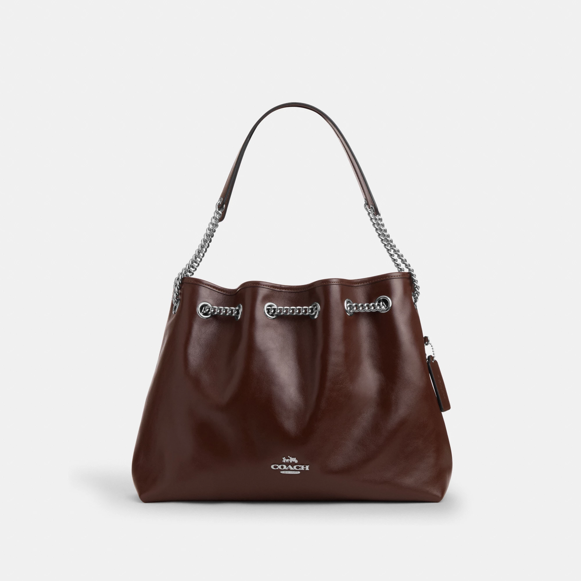 COACH®,Evelyn Shoulder Bag,Leather,Bucket,Metal,Logo,Gold Plated,Day Party,Brown,Front View