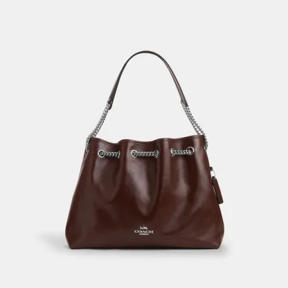 COACH®,Evelyn Shoulder Bag,Leather,Bucket,Metal,Logo,Gold Plated,Day Party,Brown,Front View