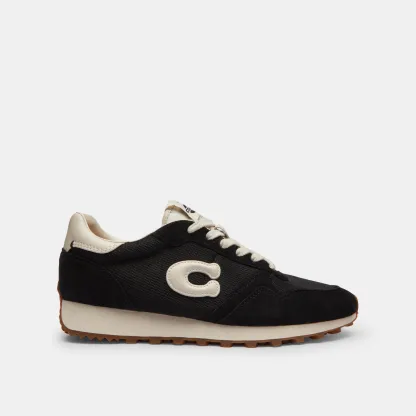 COACH®,Retro Runner,Rubber,Recycled Polyester,Mesh,Suede,Activewear,Fabric,Logo,Color Block,Sustainable,Pull Tab,Breathabl...,Black,Angle View
