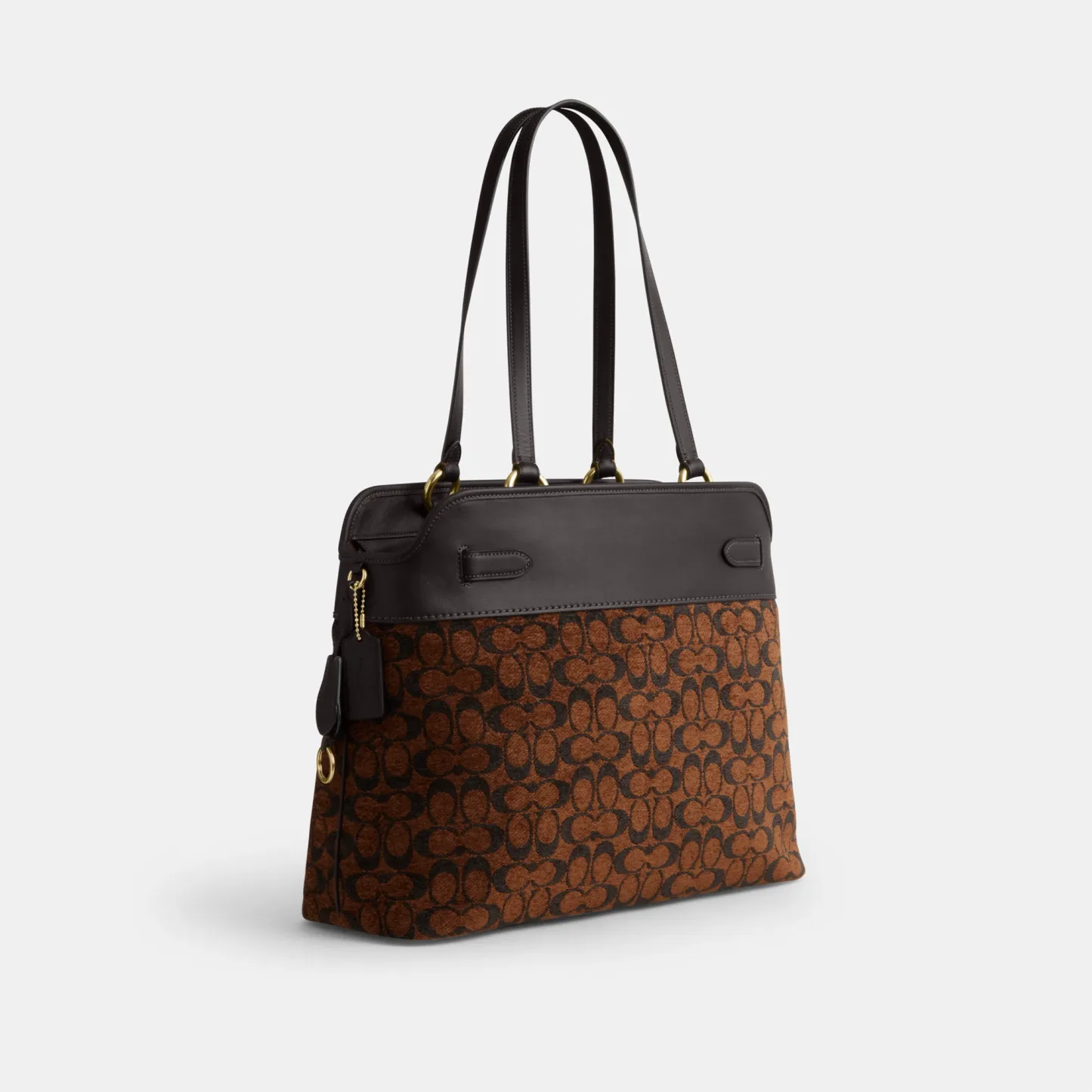 COACH®,Easton Tote Bag In Signature Chenille,Leather,Tote,Logo,Color Block,Lined,Stain Resistant,Gold Metal,Work,Brown,Angle View