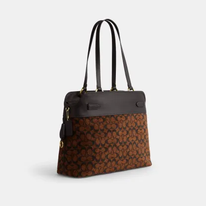 COACH®,Easton Tote Bag In Signature Chenille,Leather,Tote,Logo,Color Block,Lined,Stain Resistant,Gold Metal,Work,Brown,Angle View