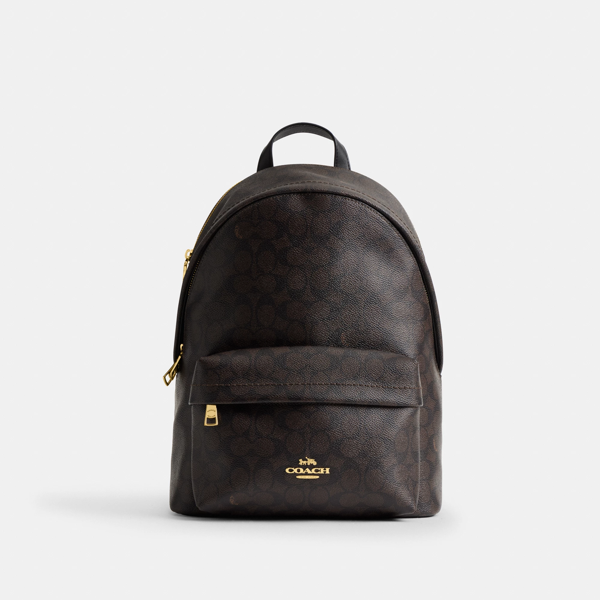 COACH®,Taylor Small Backpack In Signature Canvas,Recycled Polyester,Canvas,Backpack,Metal,Logo,Adjustable,Gold Metal,Casual,Black,Front View