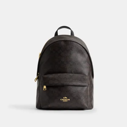 COACH®,Taylor Small Backpack In Signature Canvas,Recycled Polyester,Canvas,Backpack,Metal,Logo,Adjustable,Gold Metal,Casual,Black,Front View