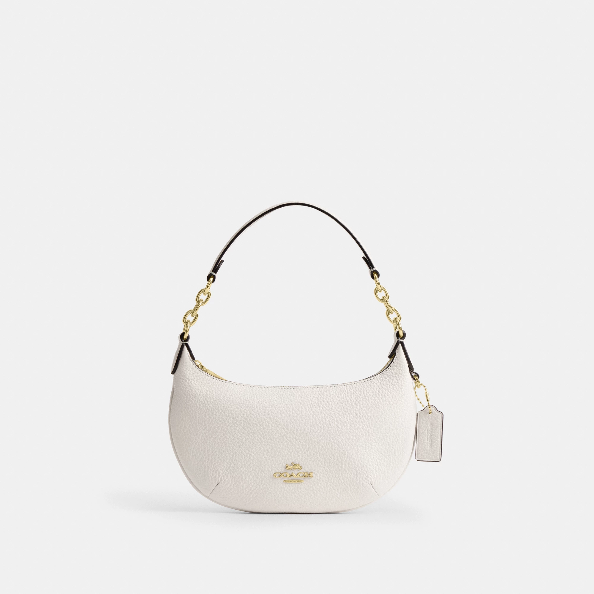 COACH®,Mini Payton Bag,Leather,Recycled Polyester,Shoulder Bag,Logo,Metal,Chain Detail,Compact,Gold Metal,Day Party,White,Front View