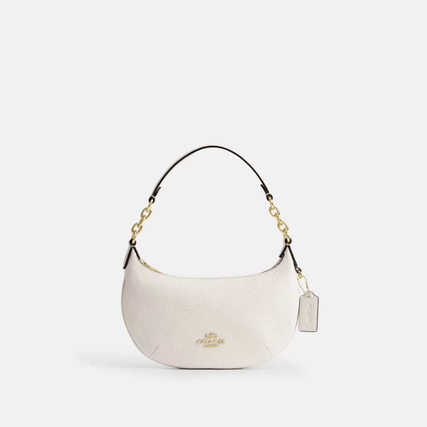 COACH®,Mini Payton Bag,Leather,Recycled Polyester,Shoulder Bag,Logo,Metal,Chain Detail,Compact,Gold Metal,Day Party,White,Front View