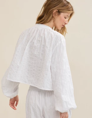 Aerie Seersucker Long Sleeve Volume Tie Top - White