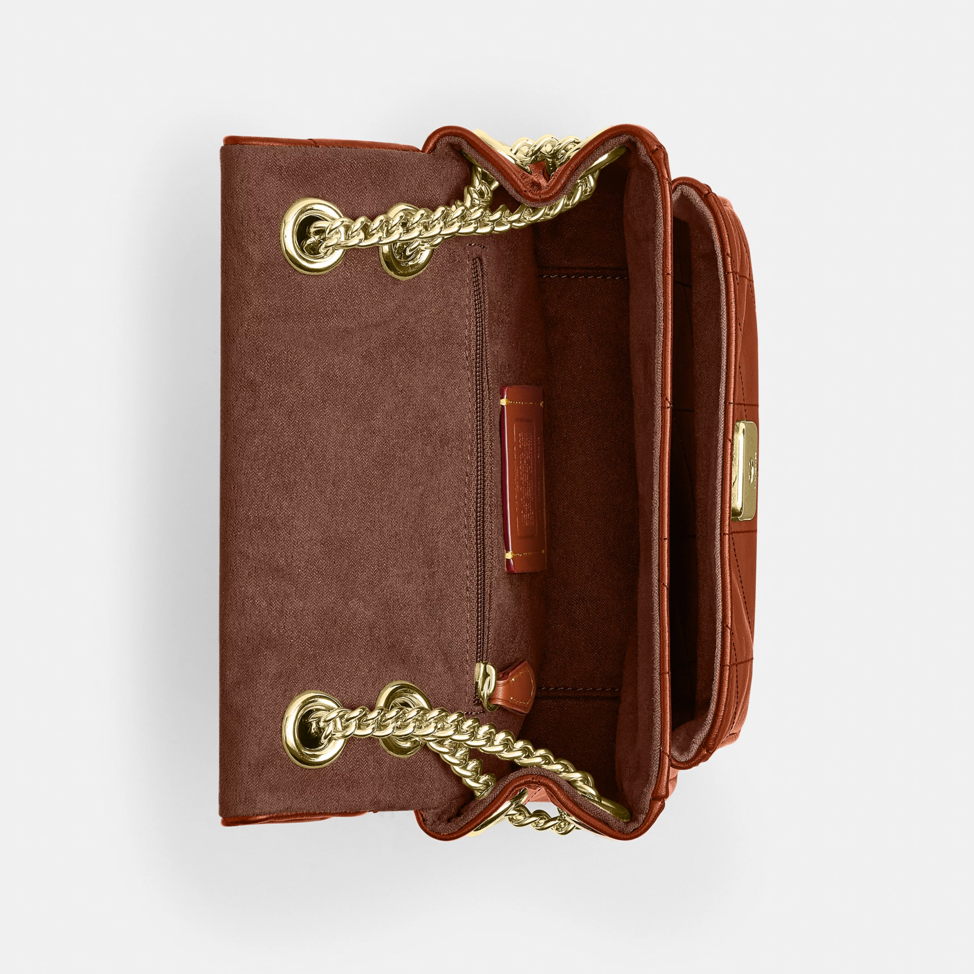 COACH®,Elodie Crossbody Bag 18 With Quilting,Leather,Recycled Polyester,Polyester,Crossbody,Metal Material,Metal,Logo,Sust...,Brown,Inside View,Top View