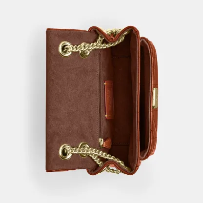 COACH®,Elodie Crossbody Bag 18 With Quilting,Leather,Recycled Polyester,Polyester,Crossbody,Metal Material,Metal,Logo,Sust...,Brown,Inside View,Top View