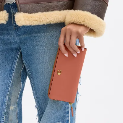 COACH®,Essential Slim Accordion Zip Wallet,Calfskin Leather,Leather,Continental,Logo,Metal,Casual,Brown,Detail View