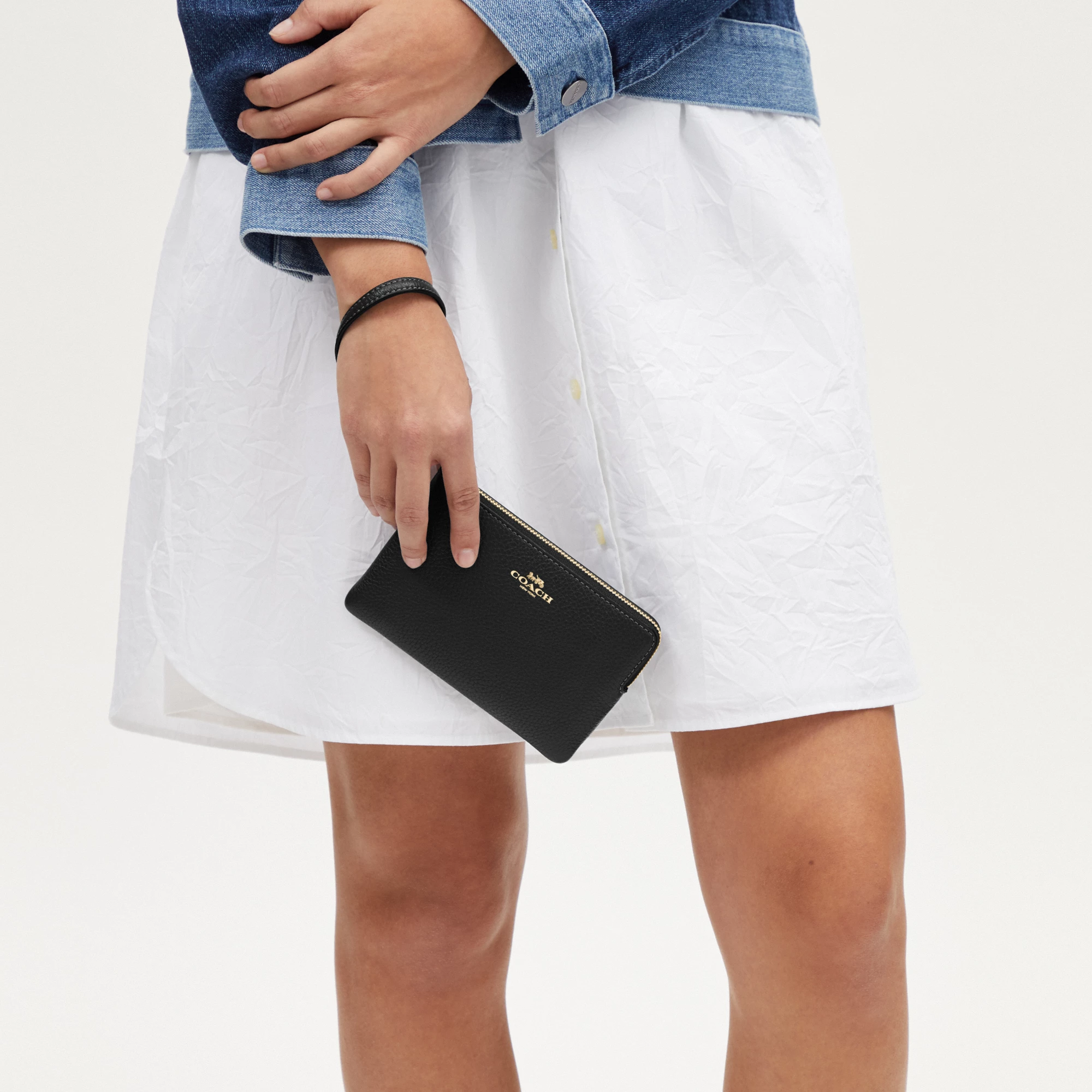 COACH®,Corner Zip Wristlet,Pouch,Wristlet,Silver Metal,Casual,Black,Detail View