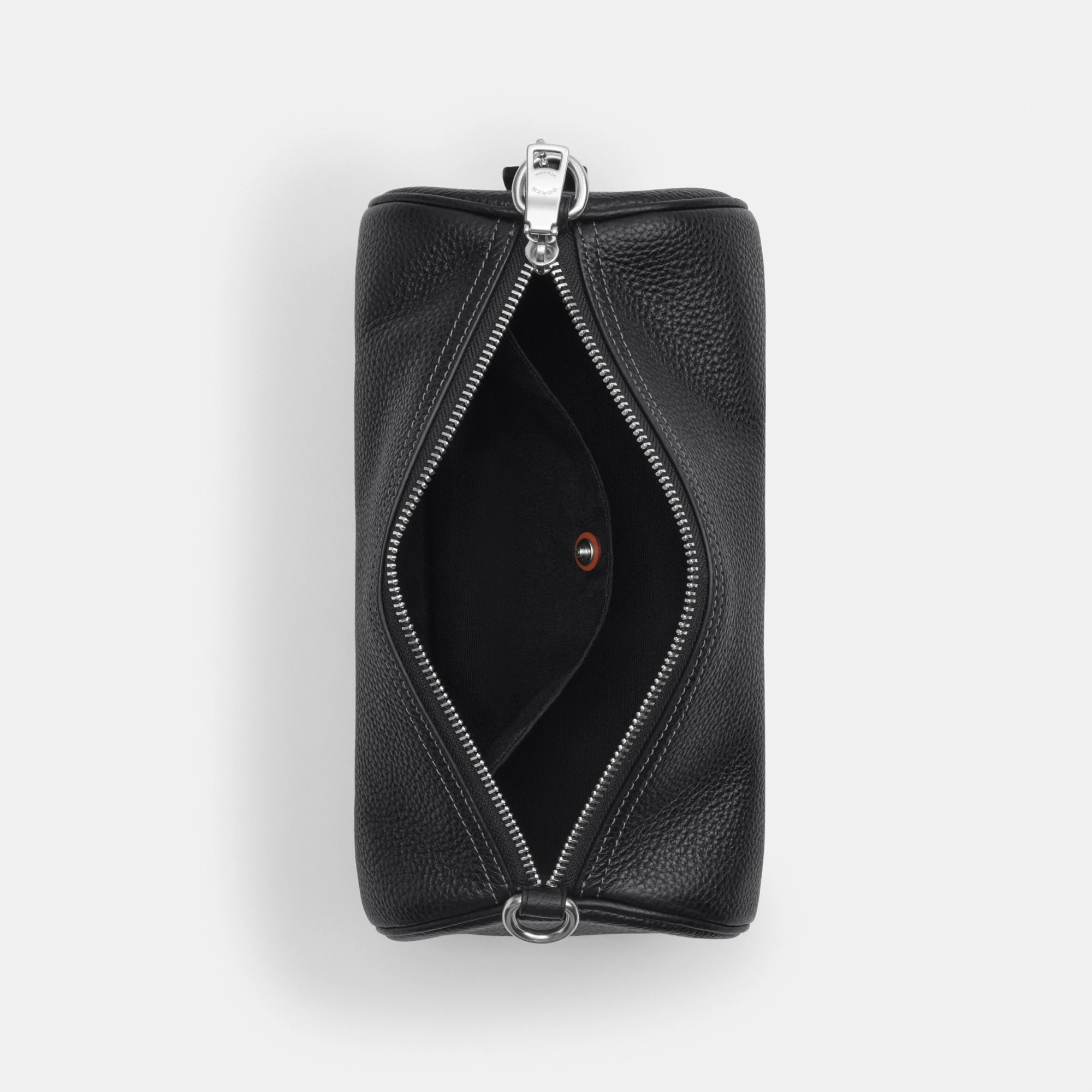 COACH®,Andre Barrel Bag 24,Recycled Polyester,Leather,Barrel Bag,Logo,Adjustable,Sustainable,Silver Metal,Casual,Black,Inside View,Top View