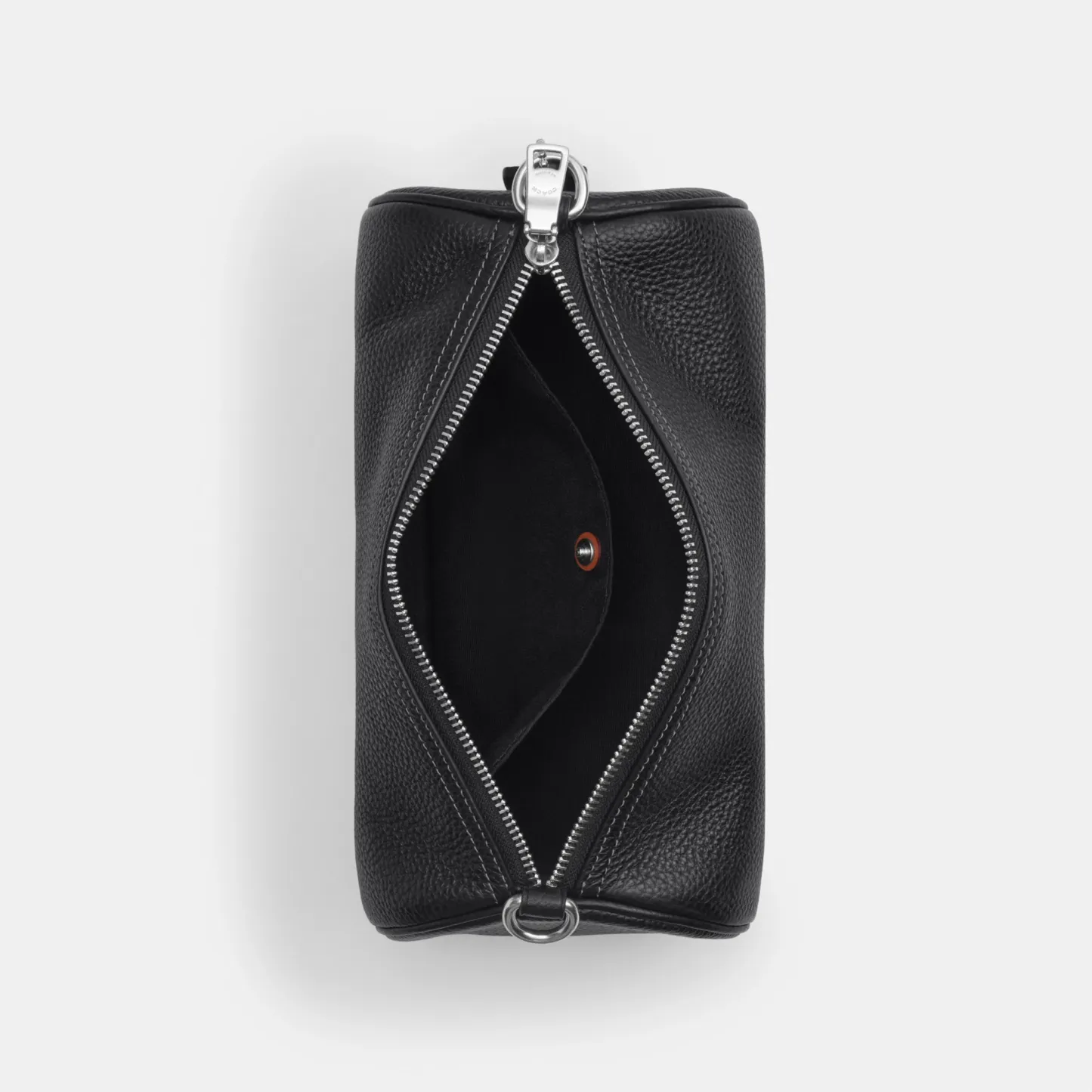 COACH®,Andre Barrel Bag 24,Recycled Polyester,Leather,Barrel Bag,Logo,Adjustable,Sustainable,Silver Metal,Casual,Black,Inside View,Top View