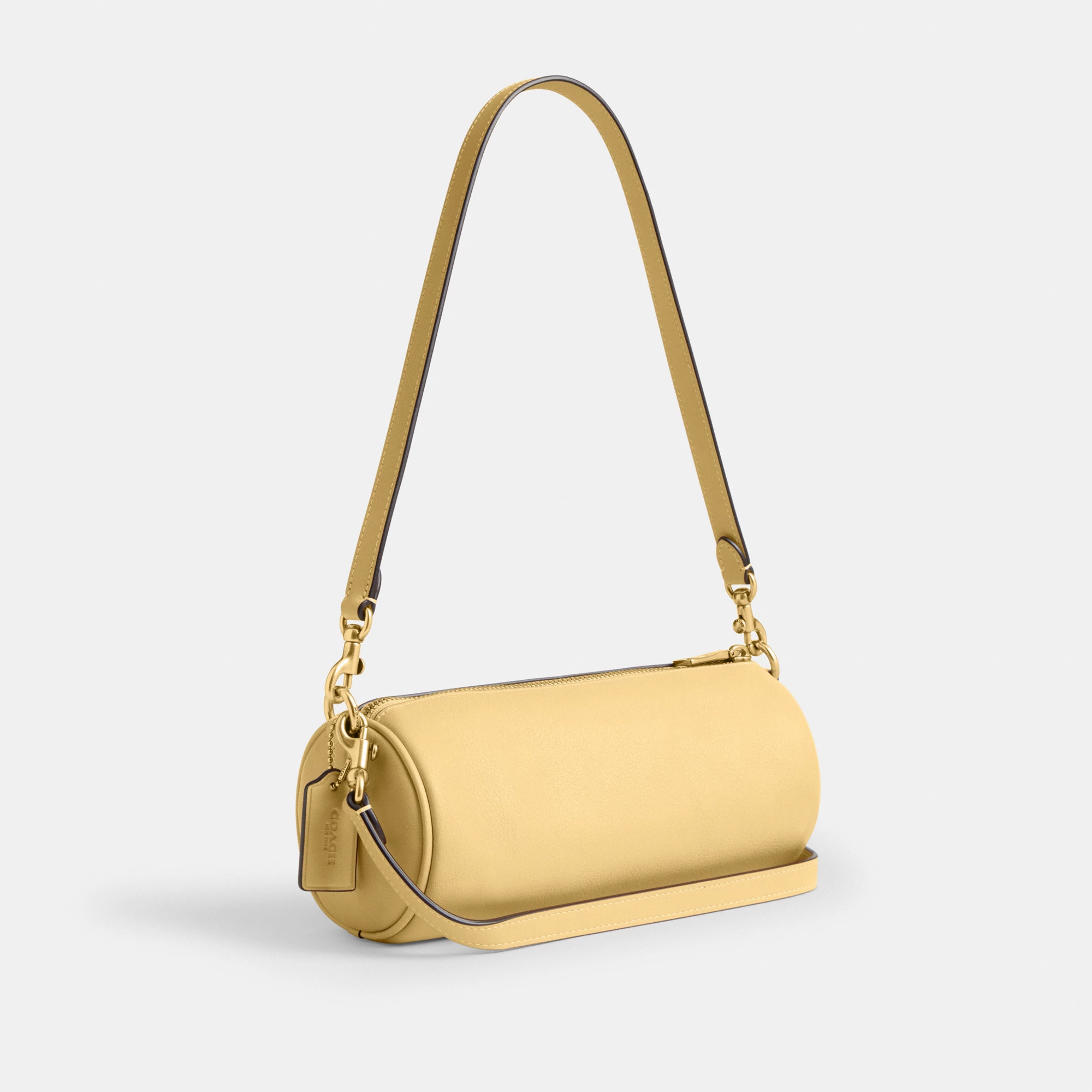 COACH®,Barrel Bag,Cotton,Leather,Barrel Bag,Pendant,Sustainable,Lined,Gold Metal,Day Party,Yellow,Angle View