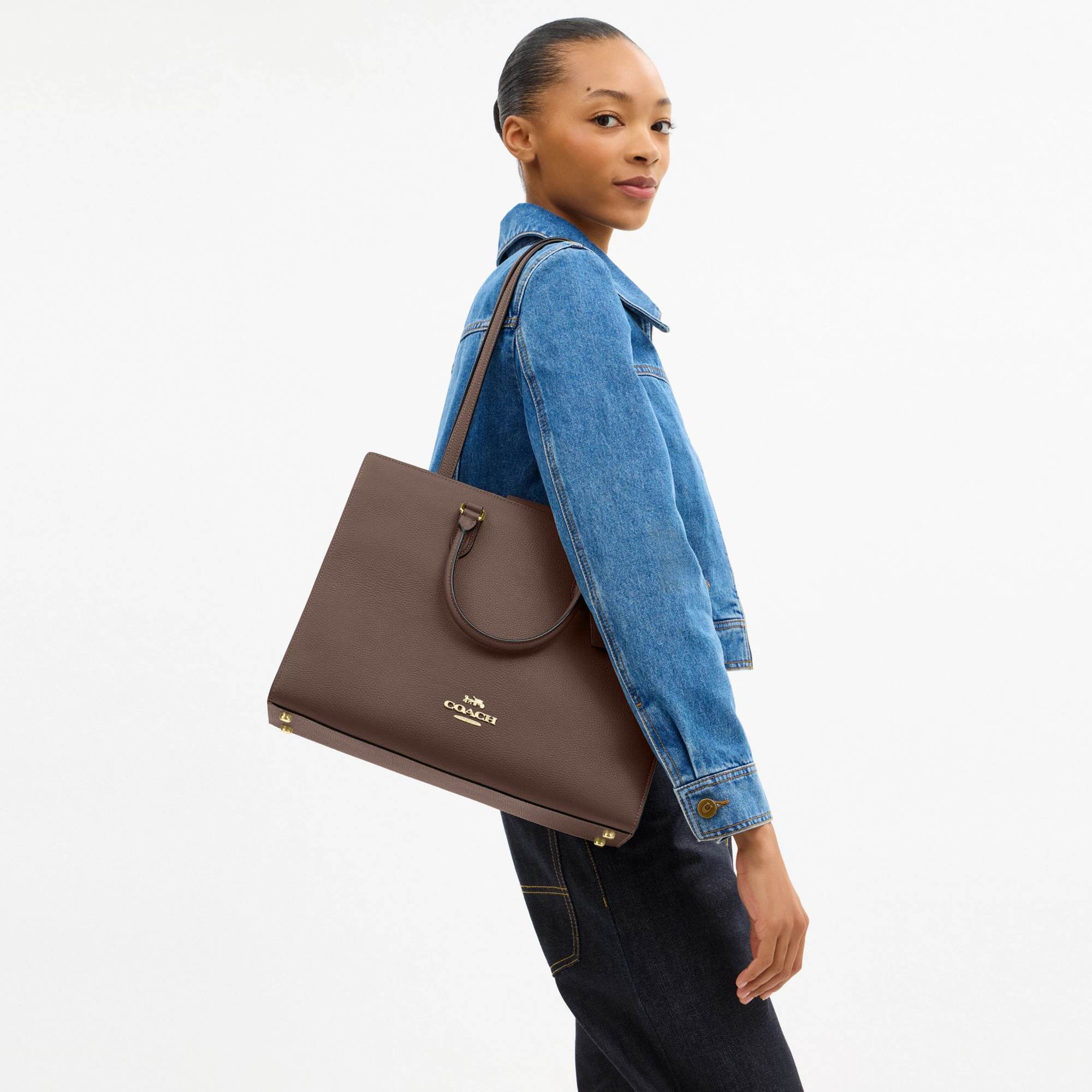 COACH®,Maggie Tote Bag,Leather,Tote,Logo,Embossed,Metal,Work,Brown,Detail View