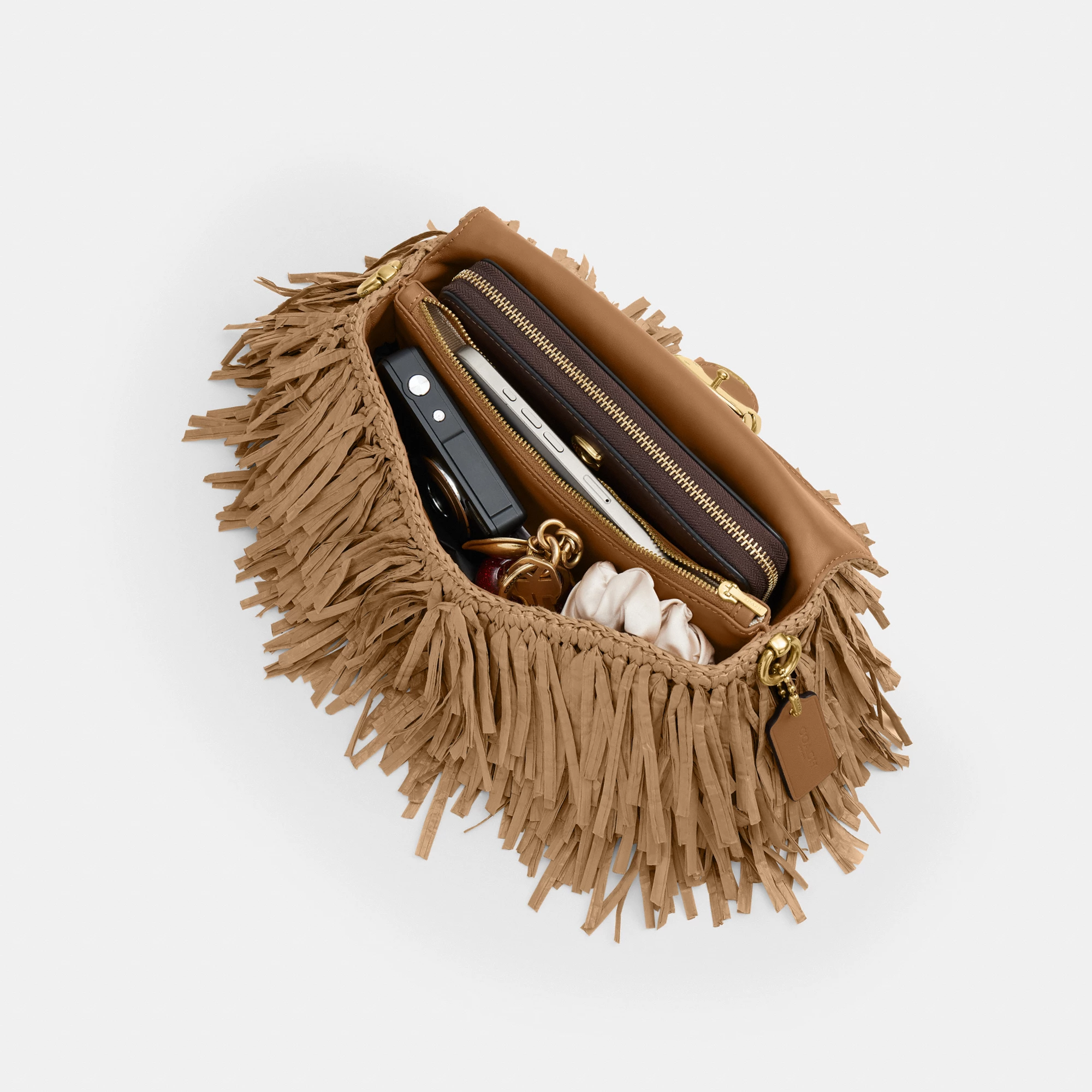 COACH®,Tabby Shoulder Bag 26,Crossbody,Shoulder Bag,Straw,Logo,Fringe,Brass,Casual,Beige,Inside View,Top View