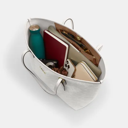 COACH®,City Tote Bag In Signature Canvas,Tote,Metal,Tag Embellishment,Color Block,Embossed,Piping,Logo,Casual,Gray,Inside View,Top View