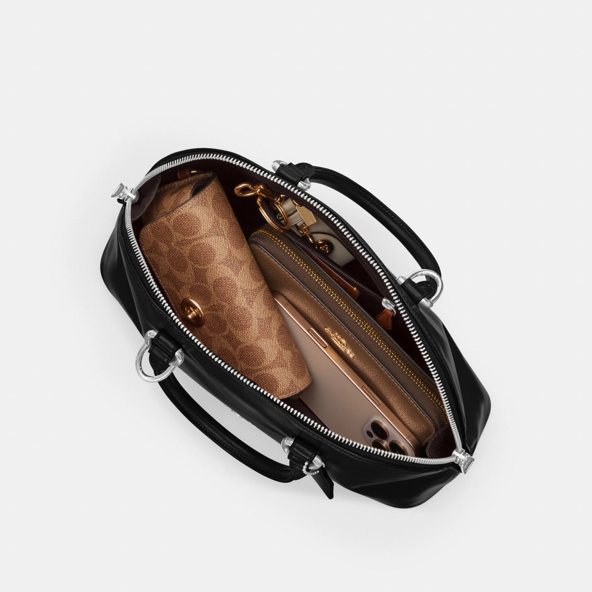 COACH®,Lara Satchel Bag,Recycled Polyester,Satchel,Logo,Metal,Casual,Black,Inside View,Top View