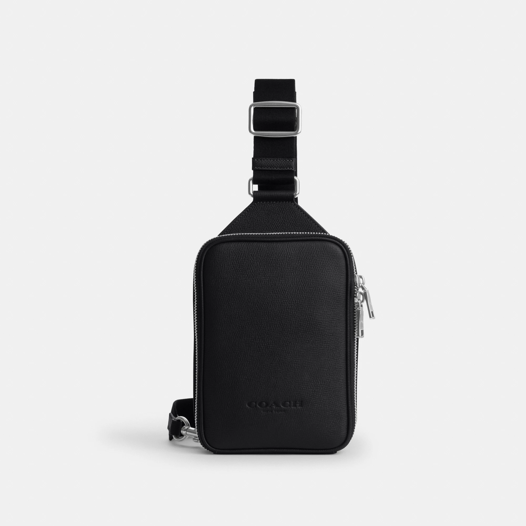 COACH®,Ray Pack,Recycled Polyester,Leather,Crossbody,Slingback,Metal Material,Logo,Adjustable,Silver Metal,Casual,Black,Front View