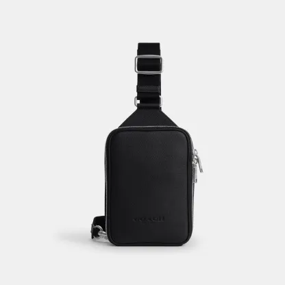COACH®,Ray Pack,Recycled Polyester,Leather,Crossbody,Slingback,Metal Material,Logo,Adjustable,Silver Metal,Casual,Black,Front View