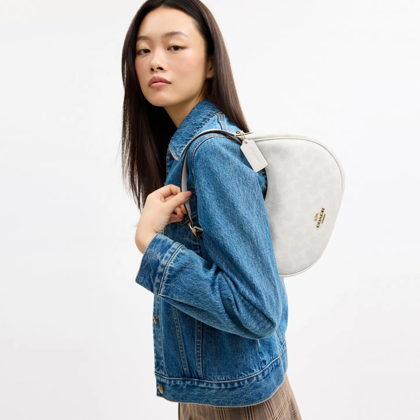 COACH®,Emily Shoulder Bag In Signature Canvas,Leather,Recycled Polyester,Canvas,Shoulder Bag,Metal,Pendant,Piping,Logo,Sus...,White,Detail View