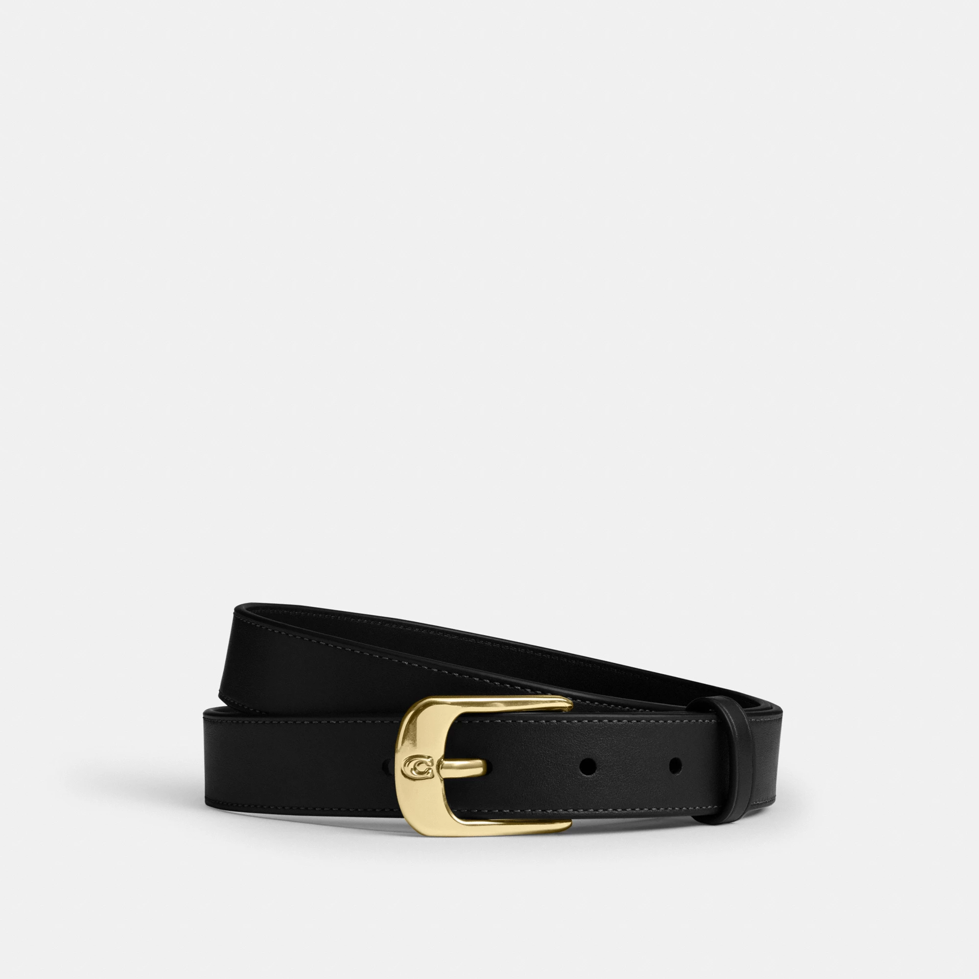 COACH®,C Harness Buckle Belt, 25 Mm,Calfskin Leather,Harness,Gold Metal,Casual,Black,Front View